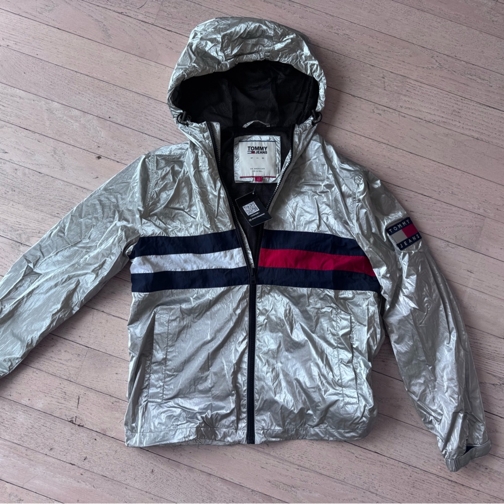 Tommy Jeans Metallic Silver Hooded Windbreaker Jacket Size Large L Y2K 90s